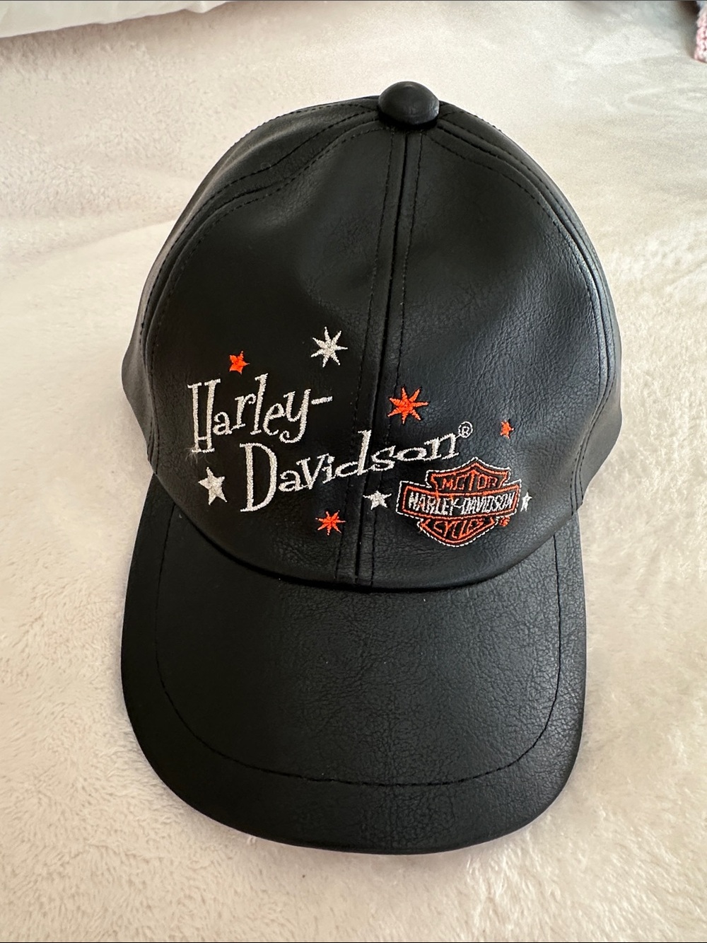 Harley-Davidson Black Faux Leather Kids Hat with Orange & White Embroidery